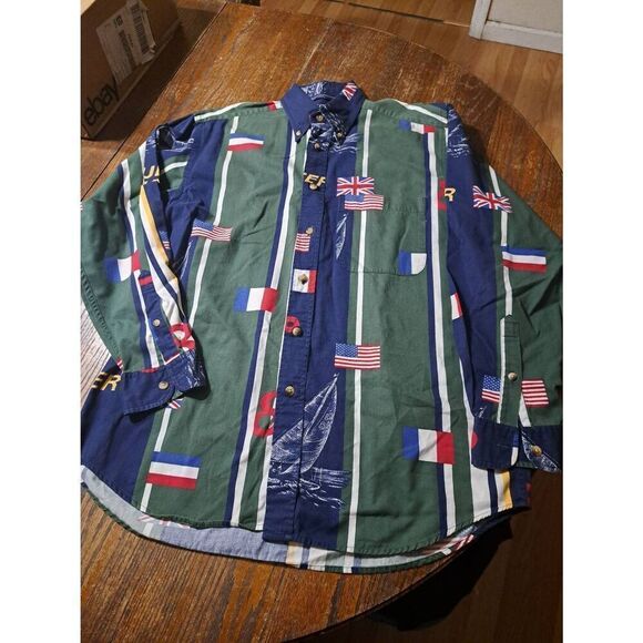 Medium Y2K 90s Nautica Sailboat Flag Long Sleeve Button Front Cotyon Shirt - Picture 1 of 6